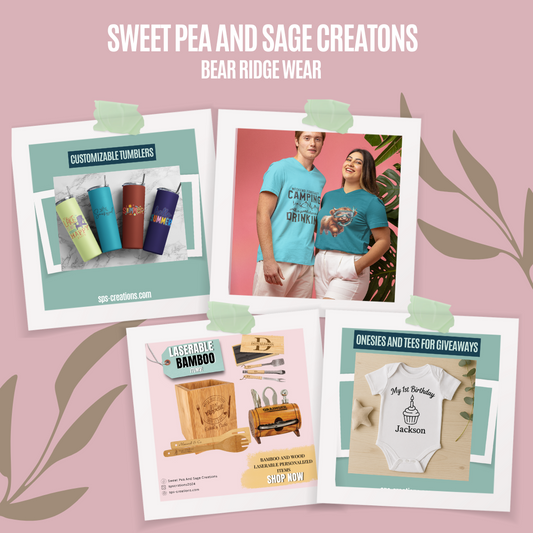 We offer customization and personalization of items. We have lacerable, leatherette, and wood handcrafts items.