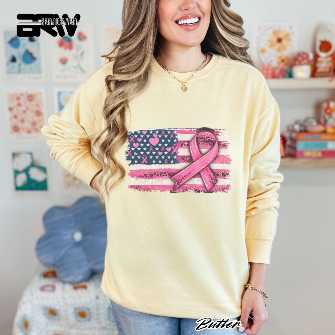 'USA Flag With Pink Ribbon' Awareness Crewneck Sweatshirt