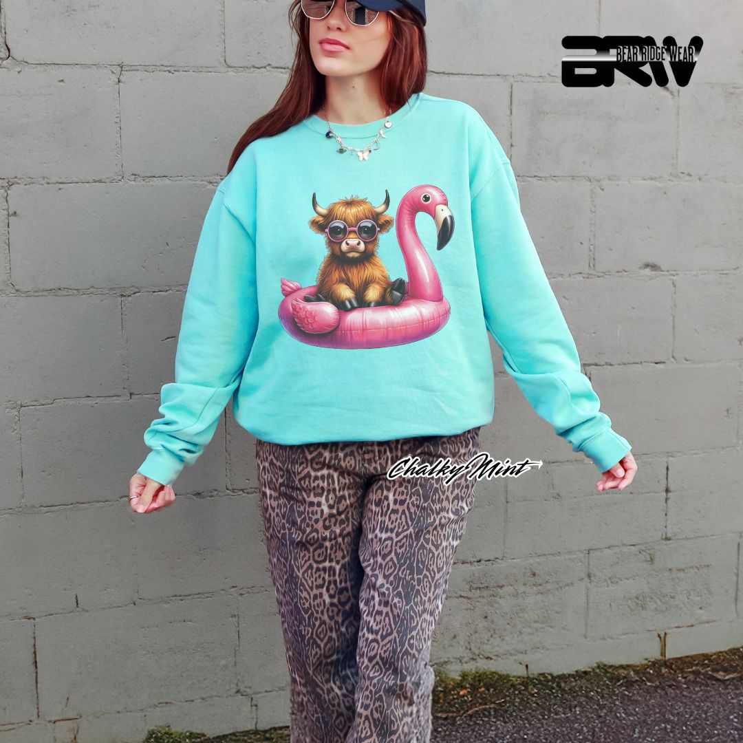 'Highland Cow-Flamingo Float' Summer Long Sleeve Tee