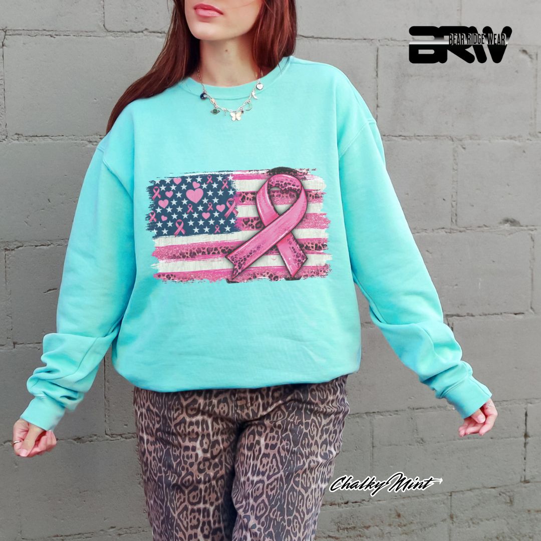 'USA Flag With Pink Ribbon' Awareness Crewneck Sweatshirt