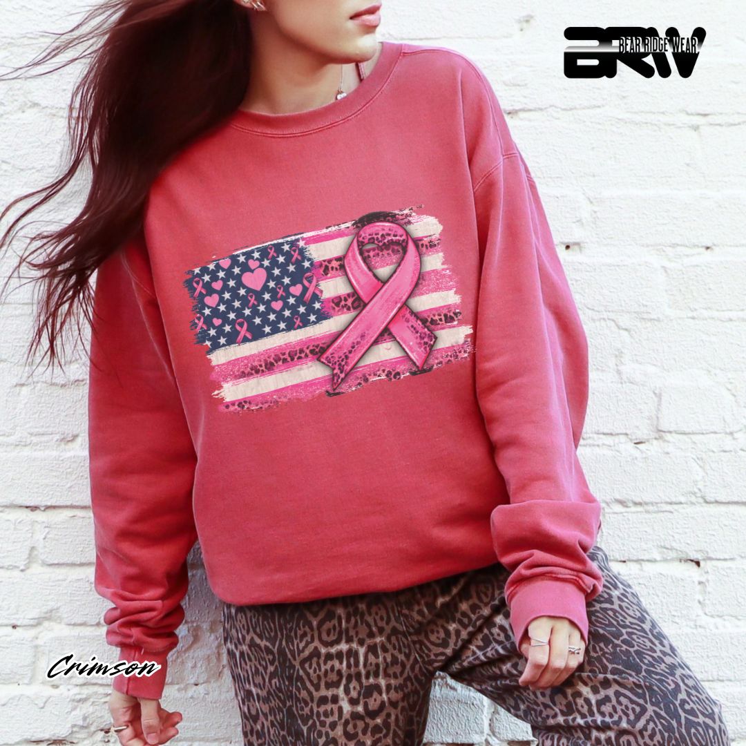 'USA Flag With Pink Ribbon' Awareness Crewneck Sweatshirt
