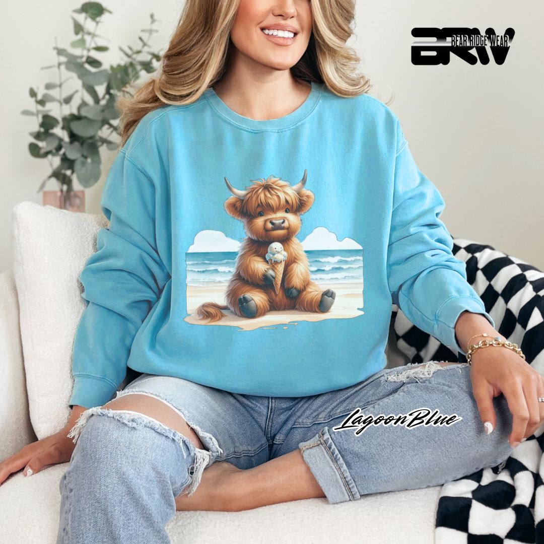 'Highland Cow-Beach-Ice Cream' Summer Crewneck Sweatshirt