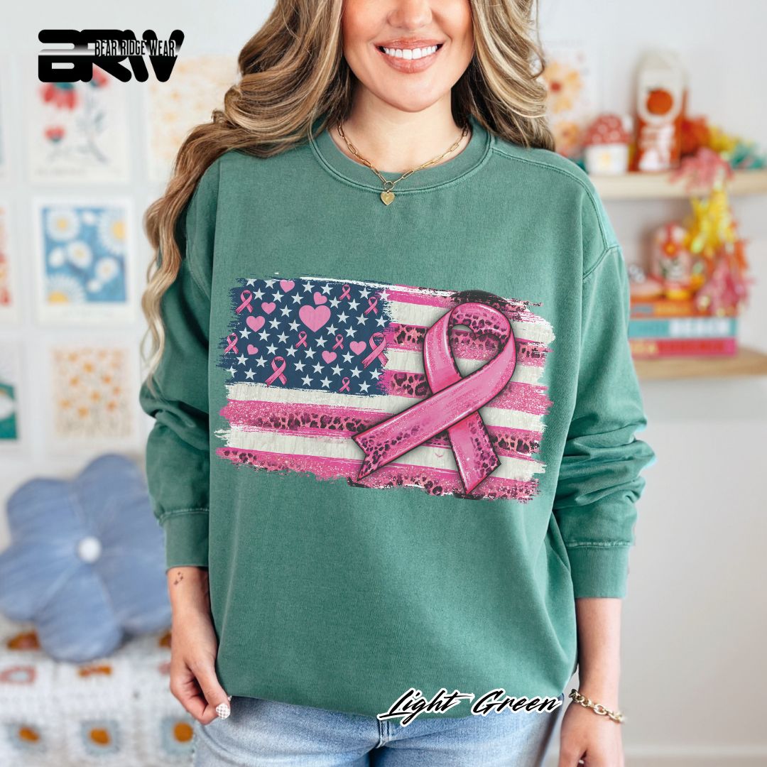 'USA Flag With Pink Ribbon' Awareness Crewneck Sweatshirt