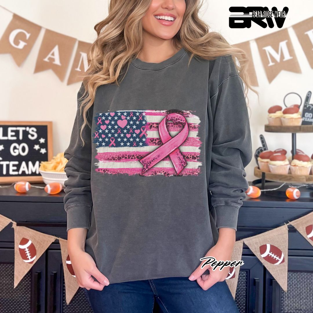 'USA Flag With Pink Ribbon' Awareness Crewneck Sweatshirt