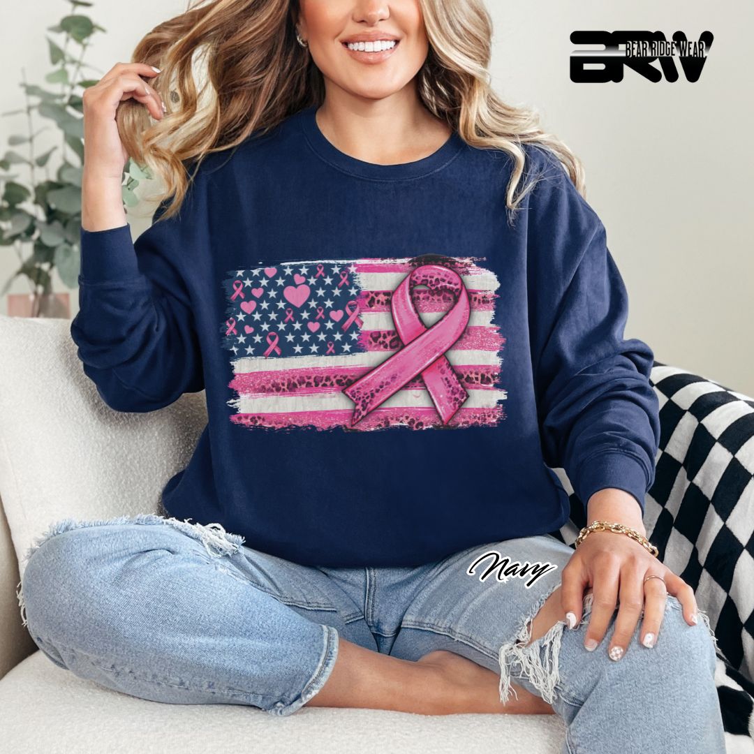 'USA Flag With Pink Ribbon' Awareness Crewneck Sweatshirt