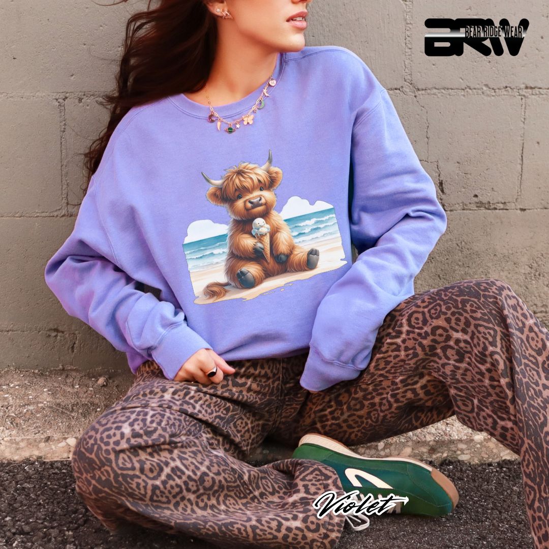 'Highland Cow-Beach-Ice Cream' Summer Crewneck Sweatshirt