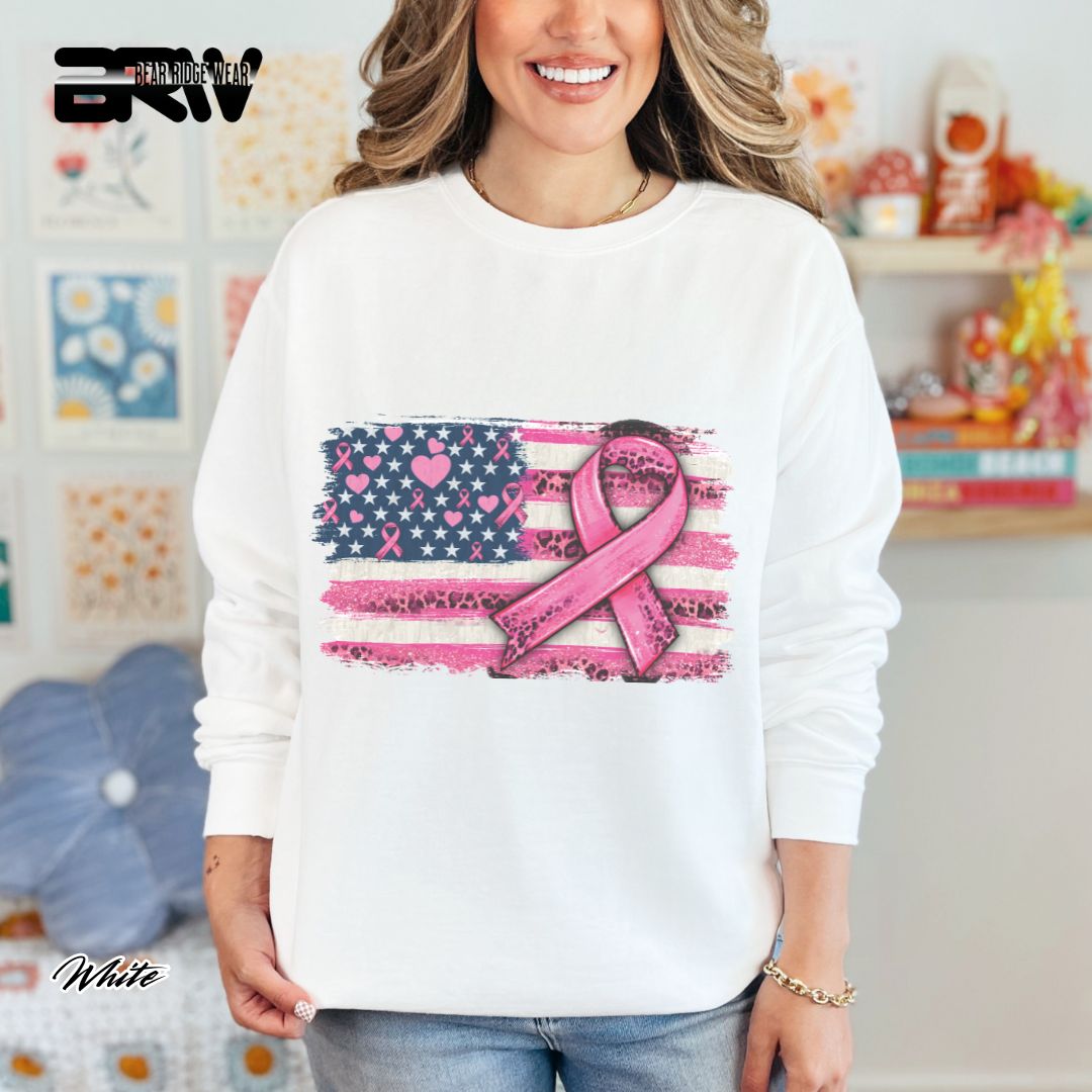 'USA Flag With Pink Ribbon' Awareness Crewneck Sweatshirt