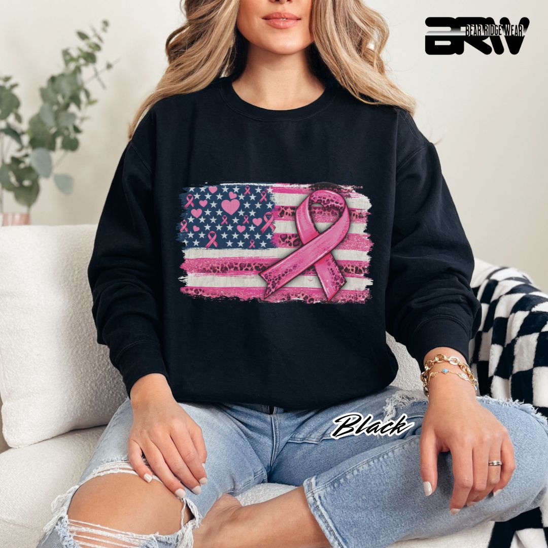 'USA Flag With Pink Ribbon' Awareness Crewneck Sweatshirt