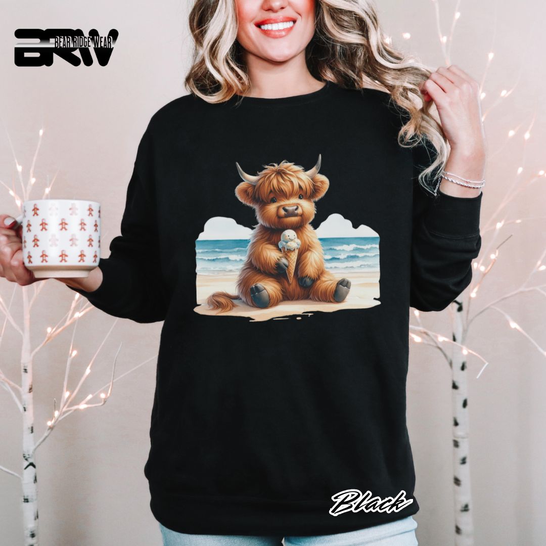 'Highland Cow-Beach-Ice Cream' Summer Crewneck Sweatshirt