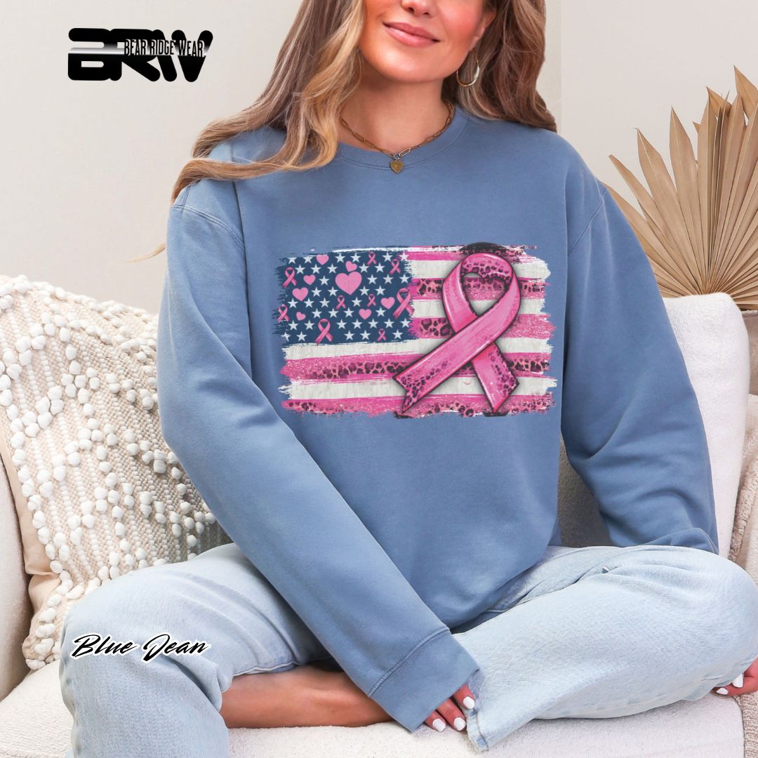 'USA Flag With Pink Ribbon' Awareness Crewneck Sweatshirt