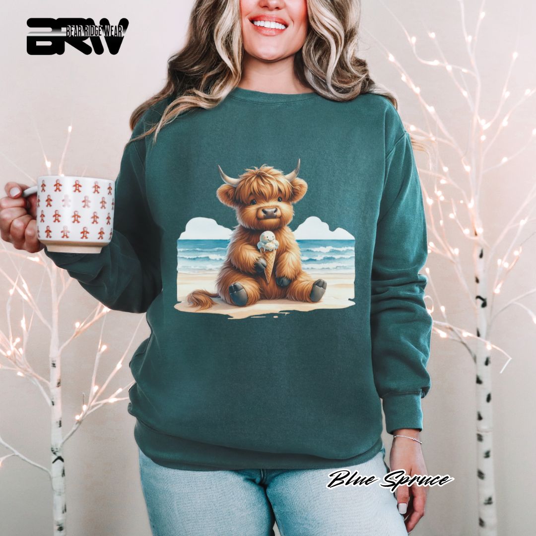 'Highland Cow-Beach-Ice Cream' Summer Crewneck Sweatshirt