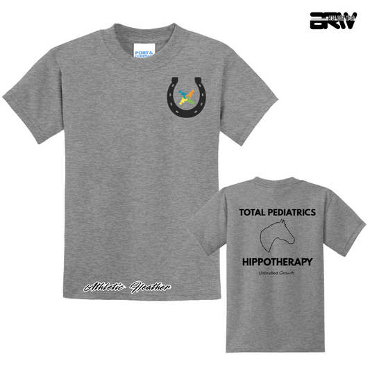 Gray t-shirt with a horseshoe and rainbow design on the front, and text on the back, on a white background.