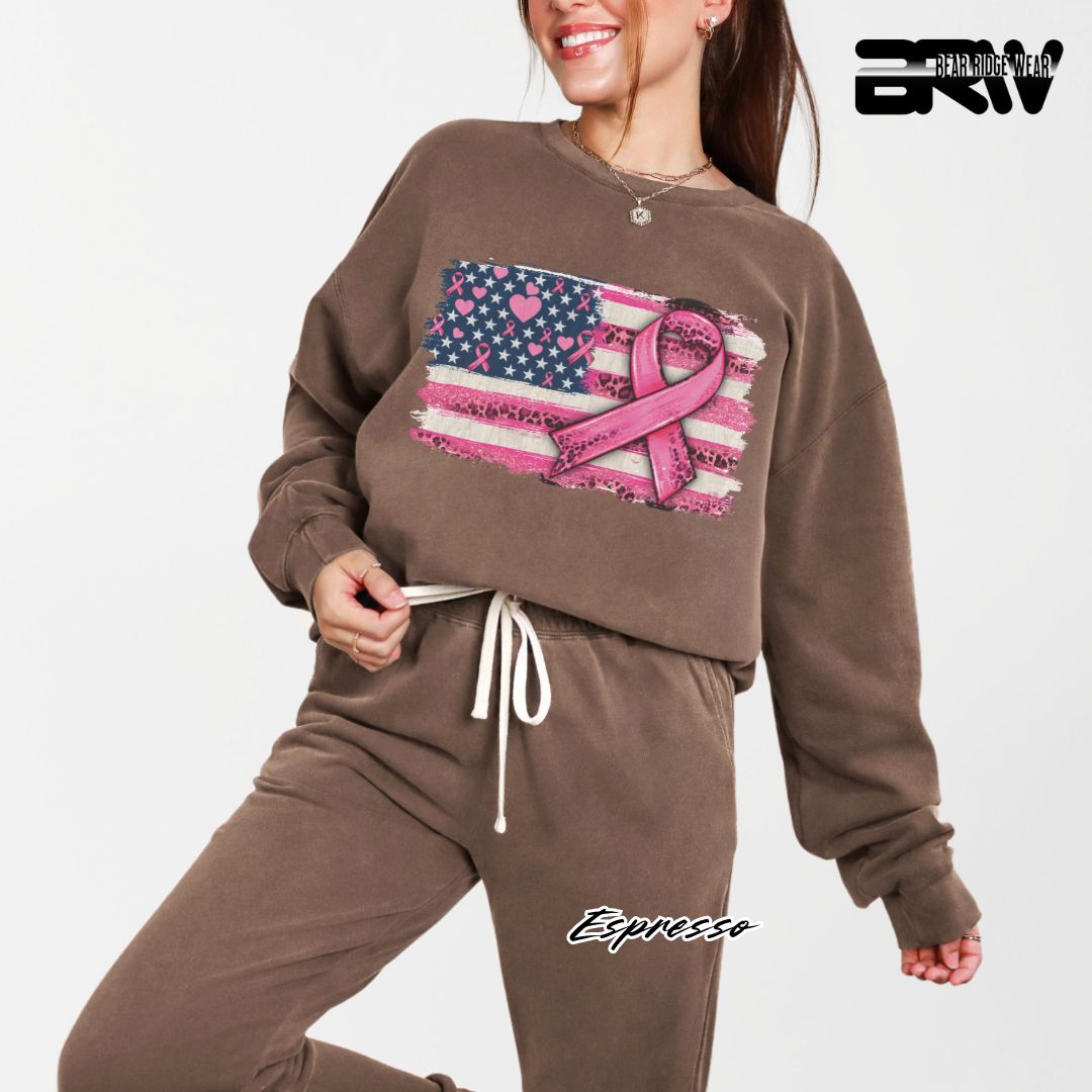'USA Flag With Pink Ribbon' Awareness Crewneck Sweatshirt