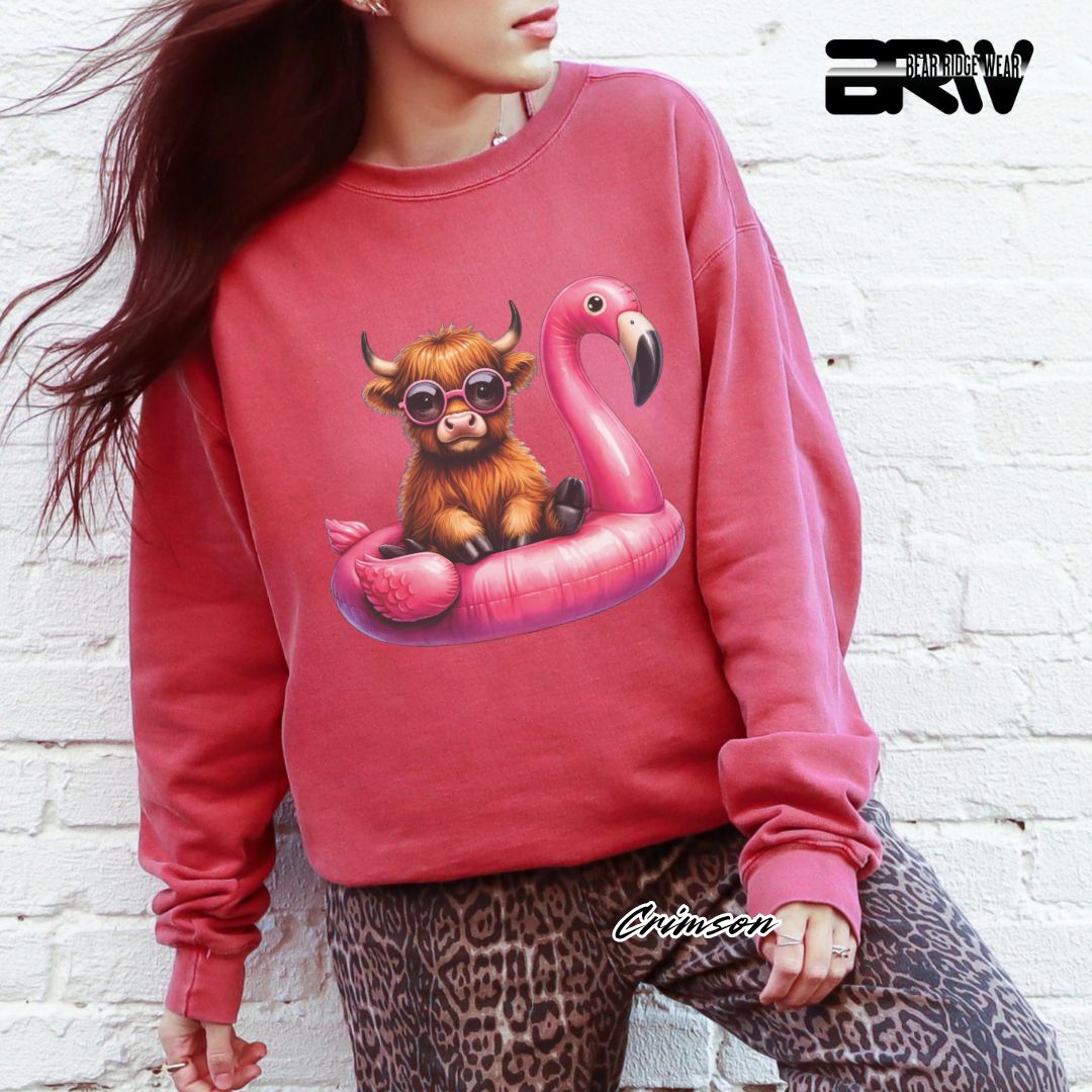 'Highland Cow-Flamingo Float'  Summer Long Sleeve Tee