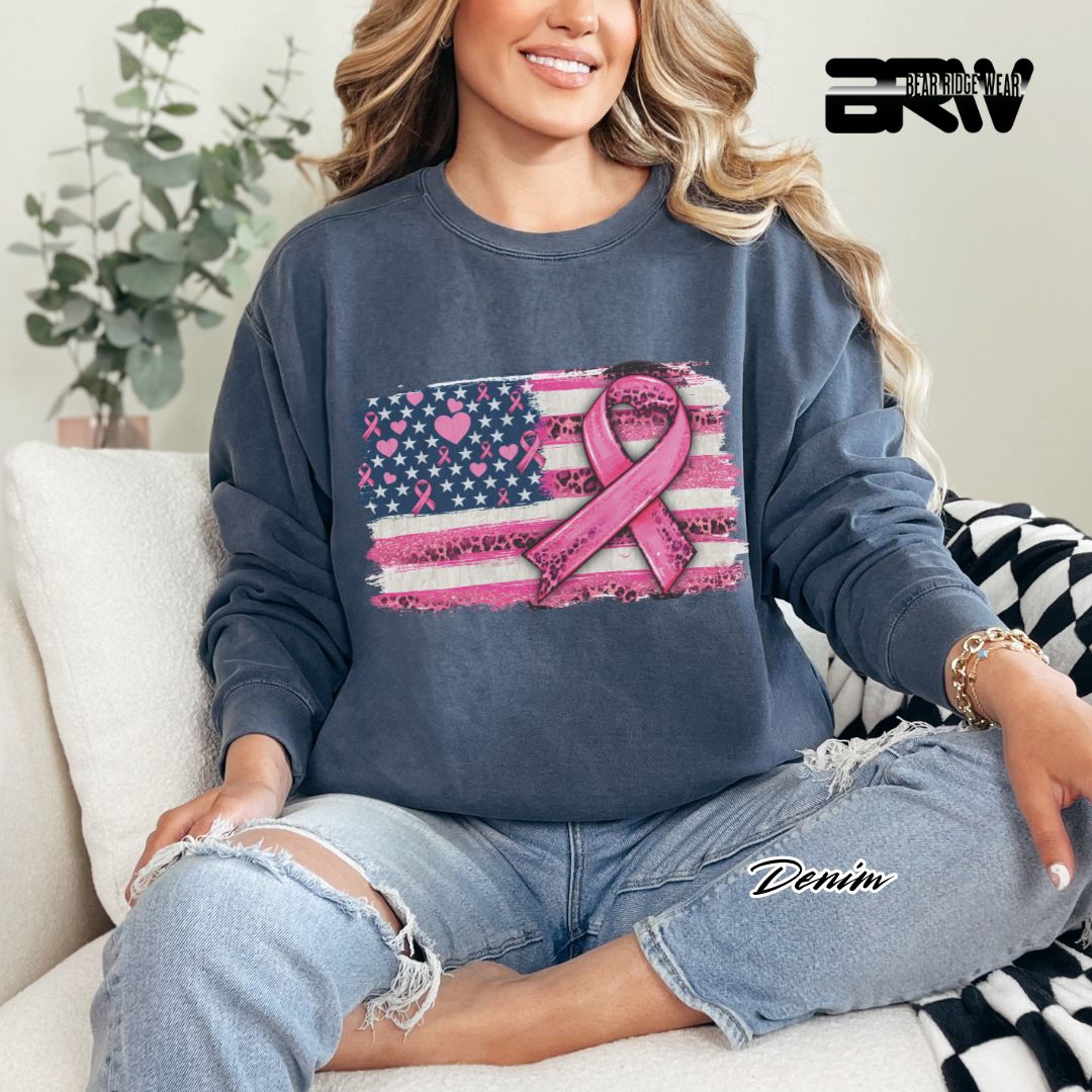 'USA Flag With Pink Ribbon' Awareness Crewneck Sweatshirt