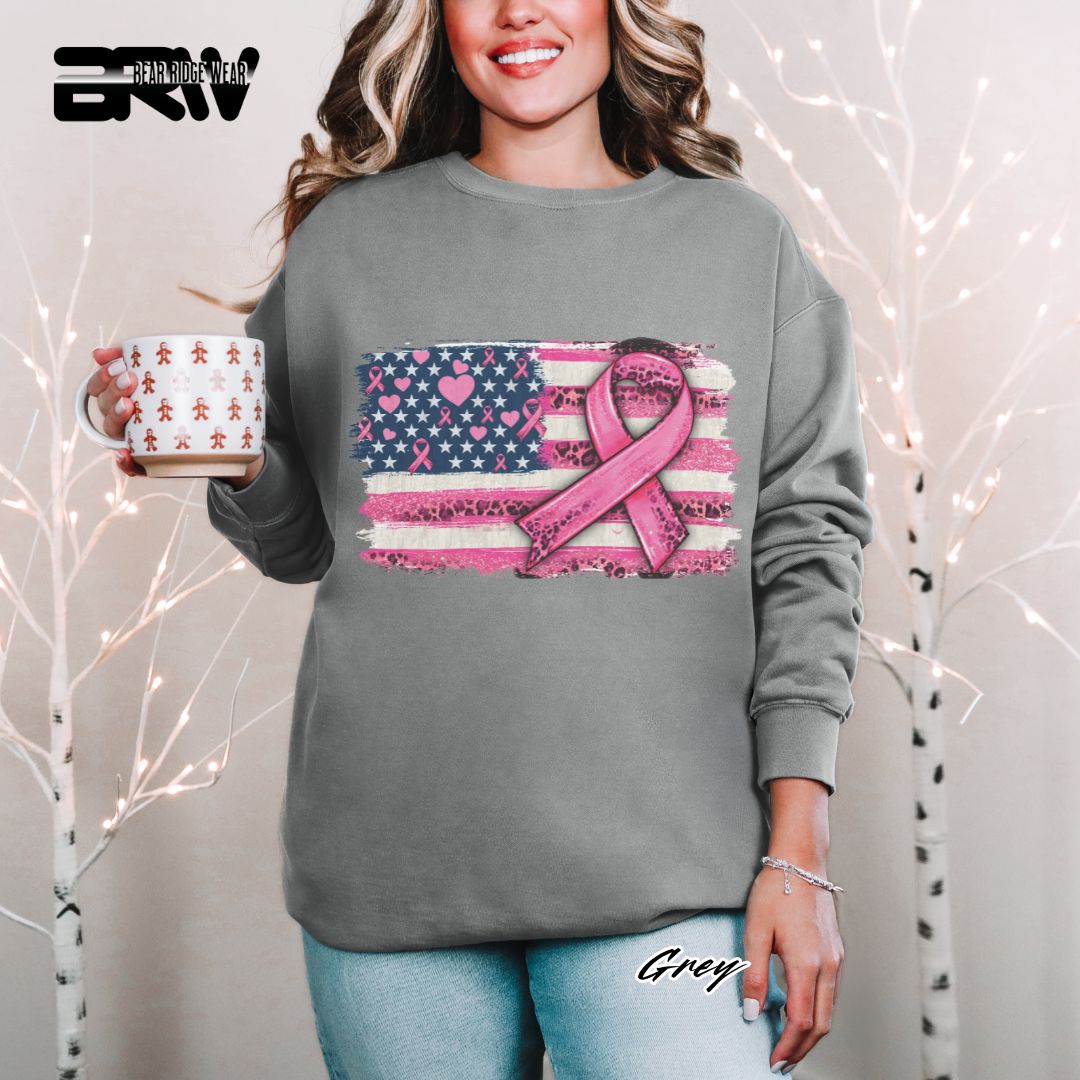 'USA Flag With Pink Ribbon' Awareness Crewneck Sweatshirt
