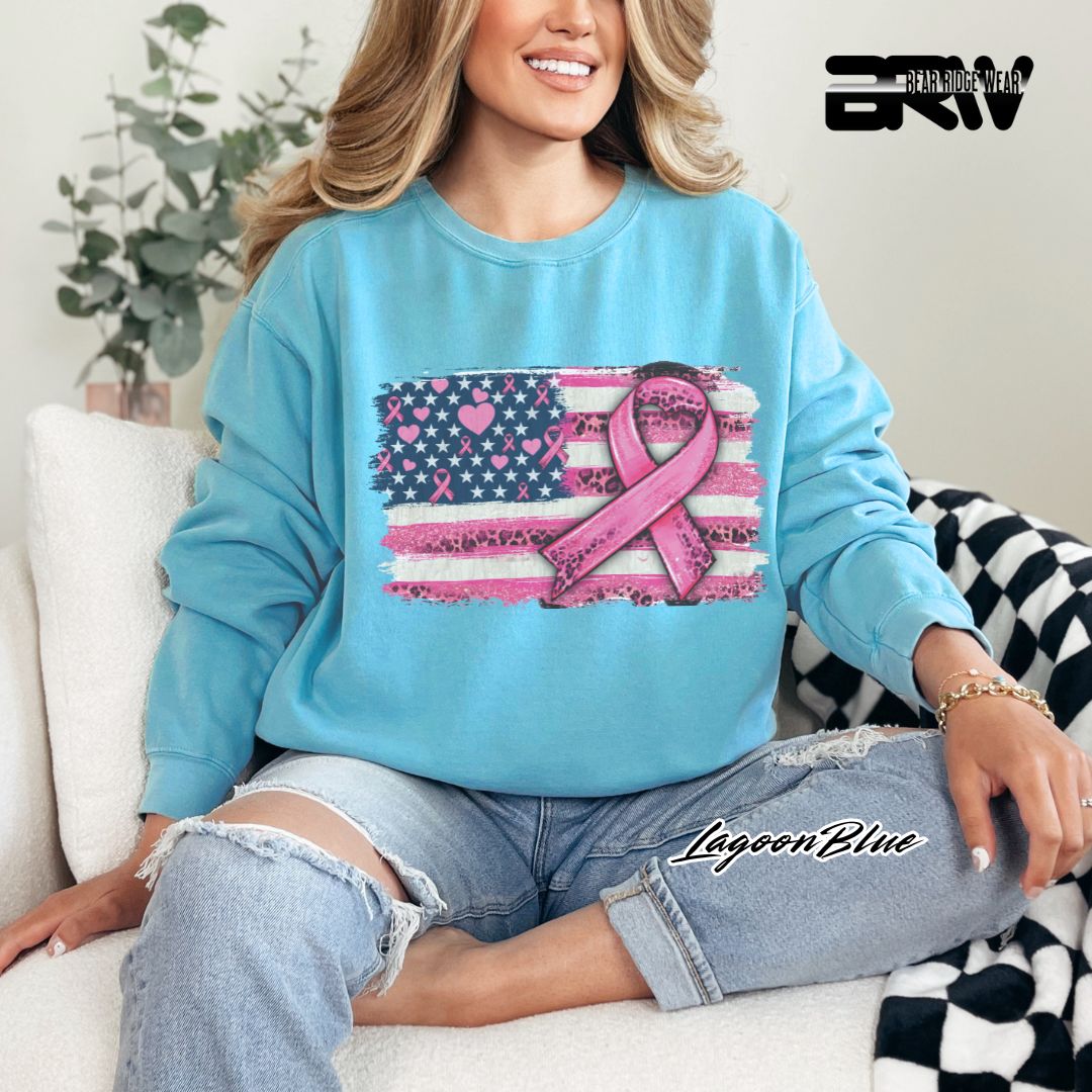 'USA Flag With Pink Ribbon' Awareness Crewneck Sweatshirt
