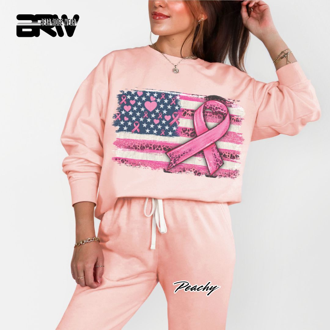 'USA Flag With Pink Ribbon' Awareness Crewneck Sweatshirt