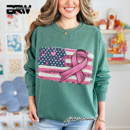 'USA Flag With Pink Ribbon' Awareness Crewneck Sweatshirt