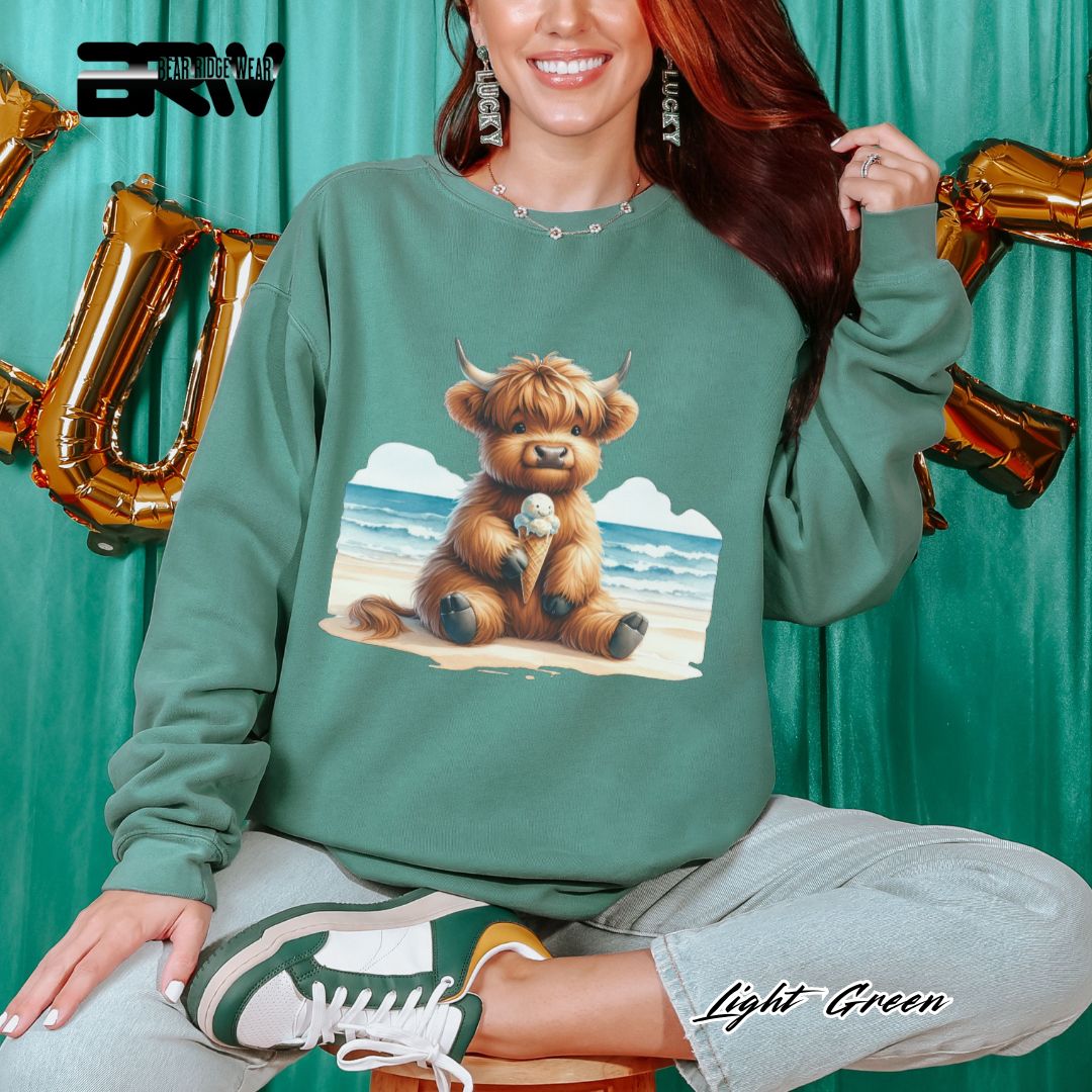 'Highland Cow-Beach-Ice Cream' Summer Crewneck Sweatshirt