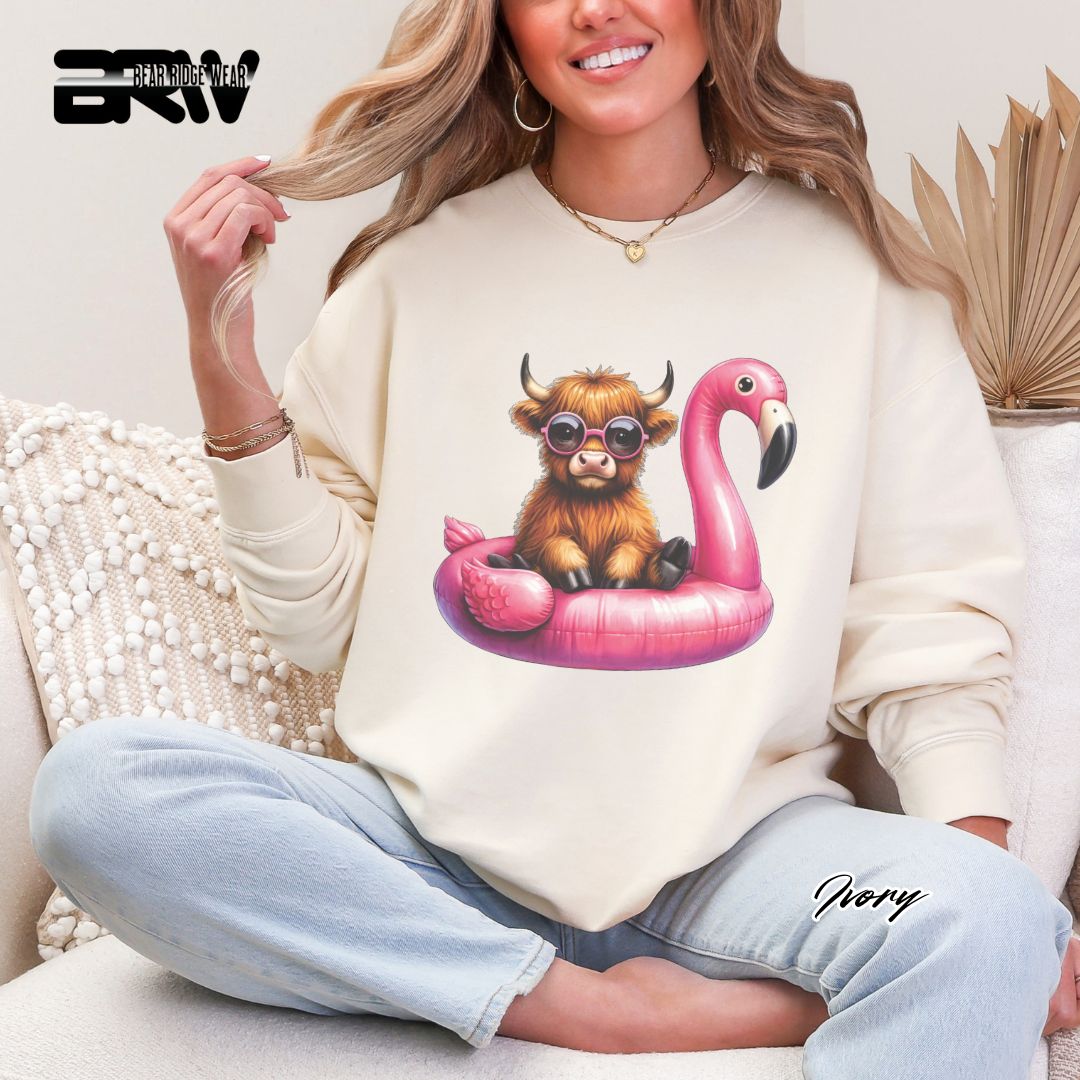 'Highland Cow-Flamingo Float'  Summer Long Sleeve Tee