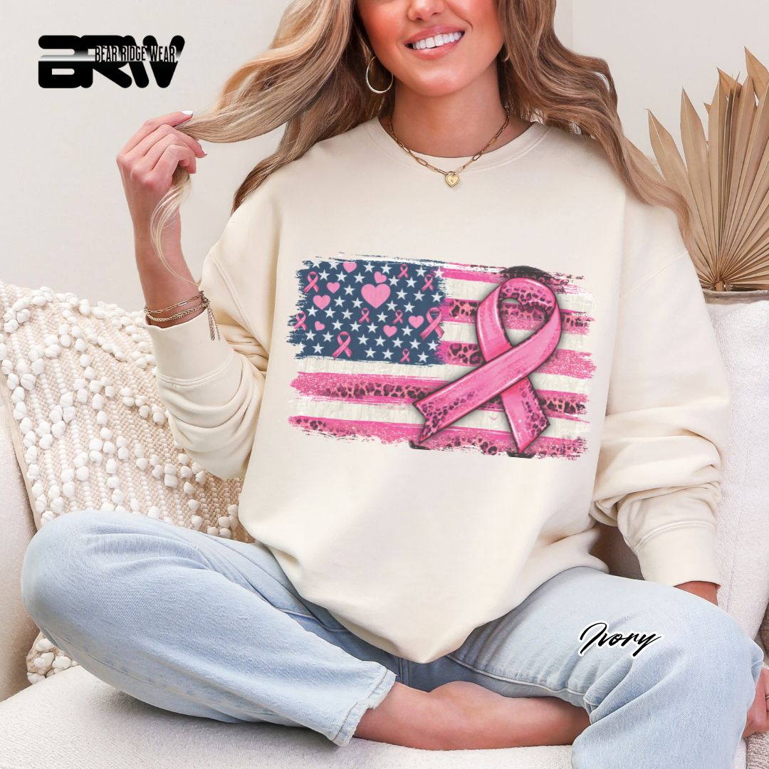 'USA Flag With Pink Ribbon' Awareness Crewneck Sweatshirt