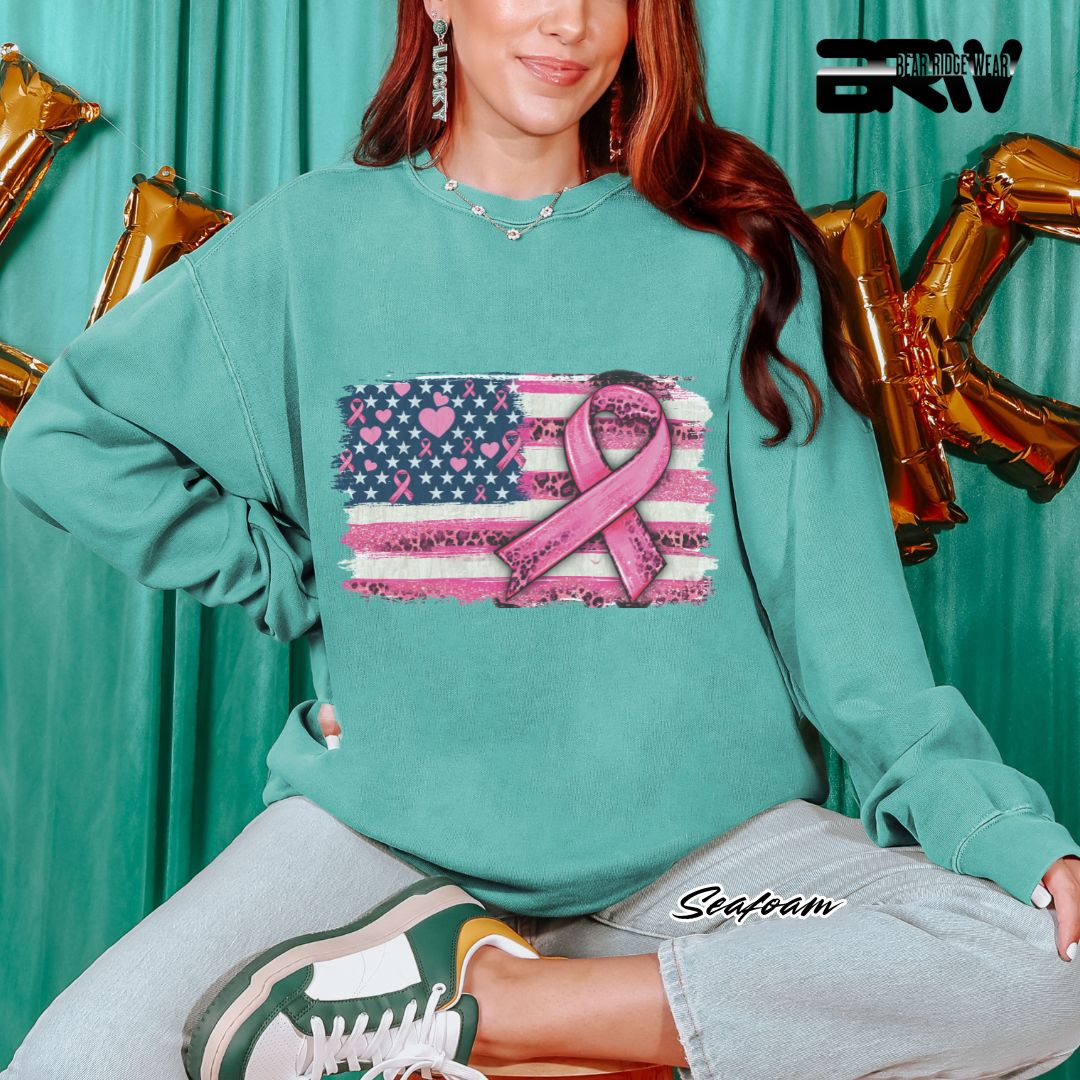 'USA Flag With Pink Ribbon' Awareness Crewneck Sweatshirt