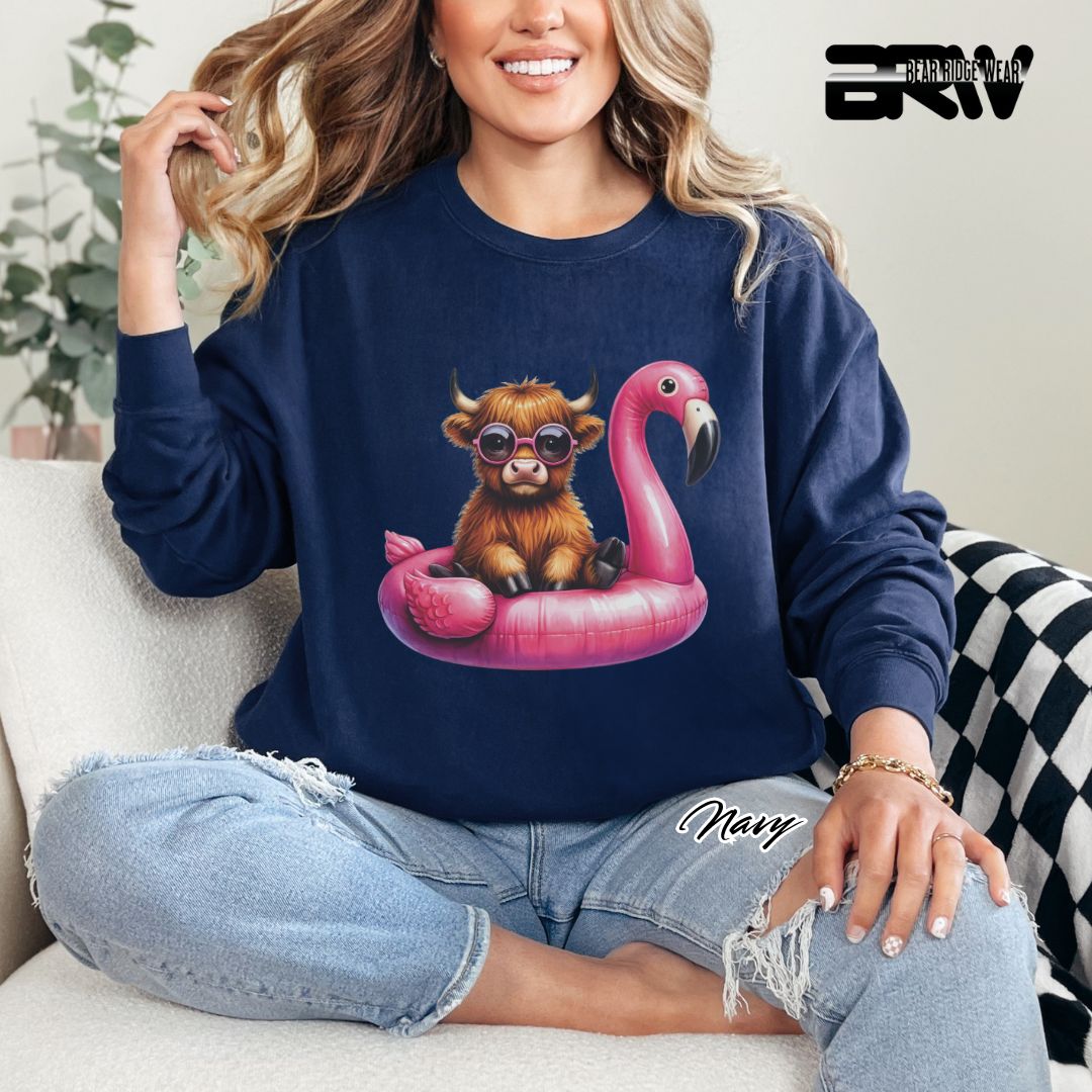 'Highland Cow-Flamingo Float'  Summer Long Sleeve Tee