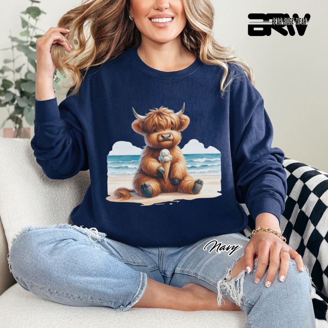 'Highland Cow-Beach-Ice Cream' Summer Crewneck Sweatshirt