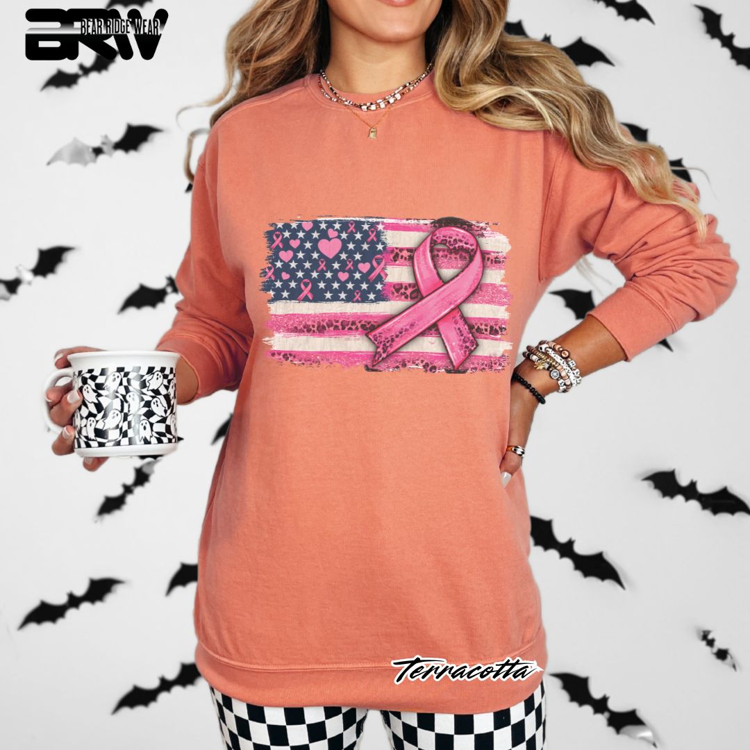 'USA Flag With Pink Ribbon' Awareness Crewneck Sweatshirt
