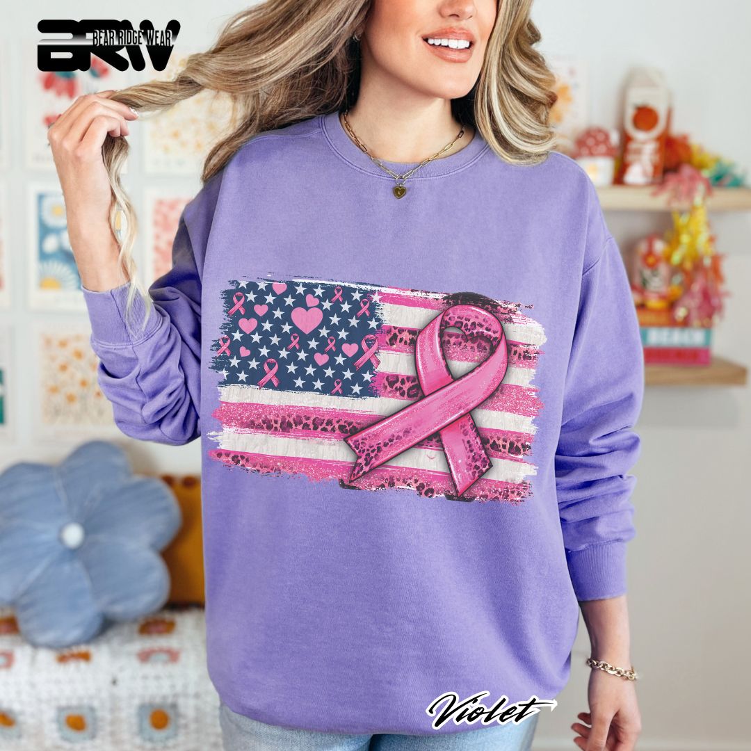'USA Flag With Pink Ribbon' Awareness Crewneck Sweatshirt
