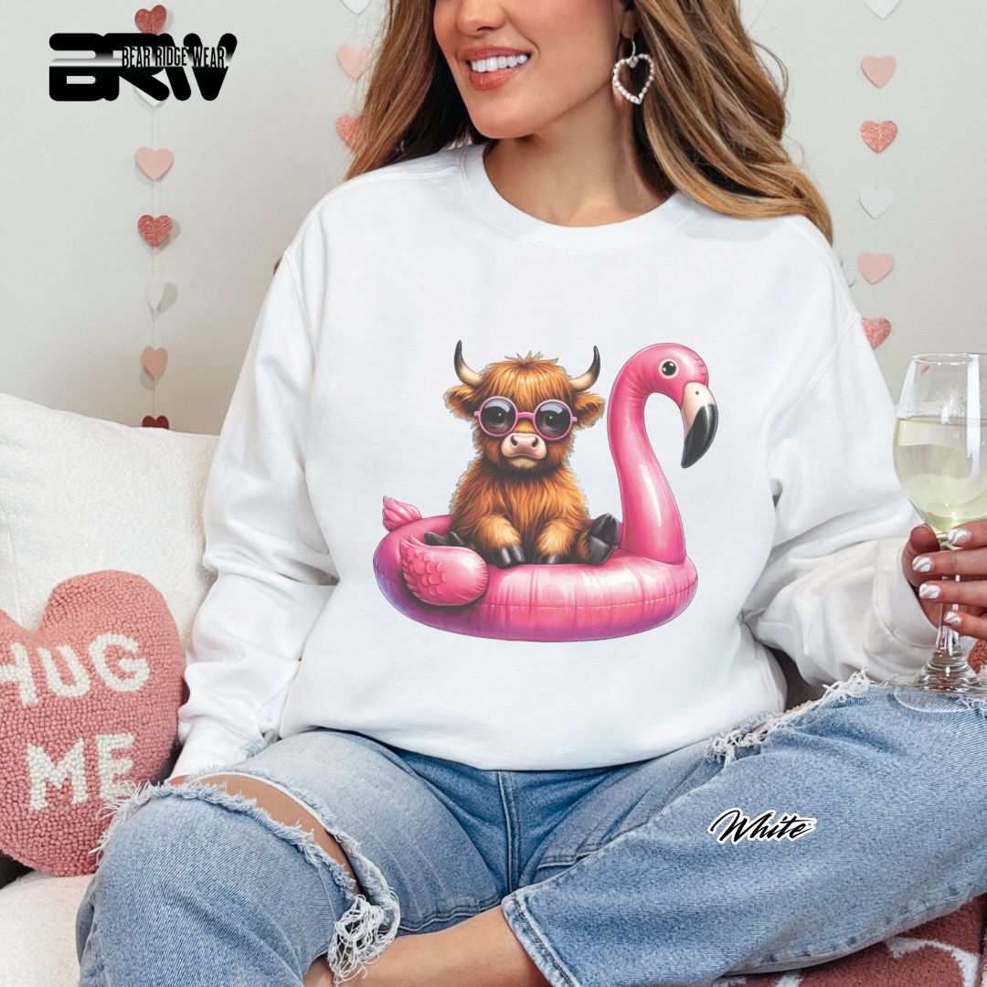 'Highland Cow-Flamingo Float'  Summer Long Sleeve Tee