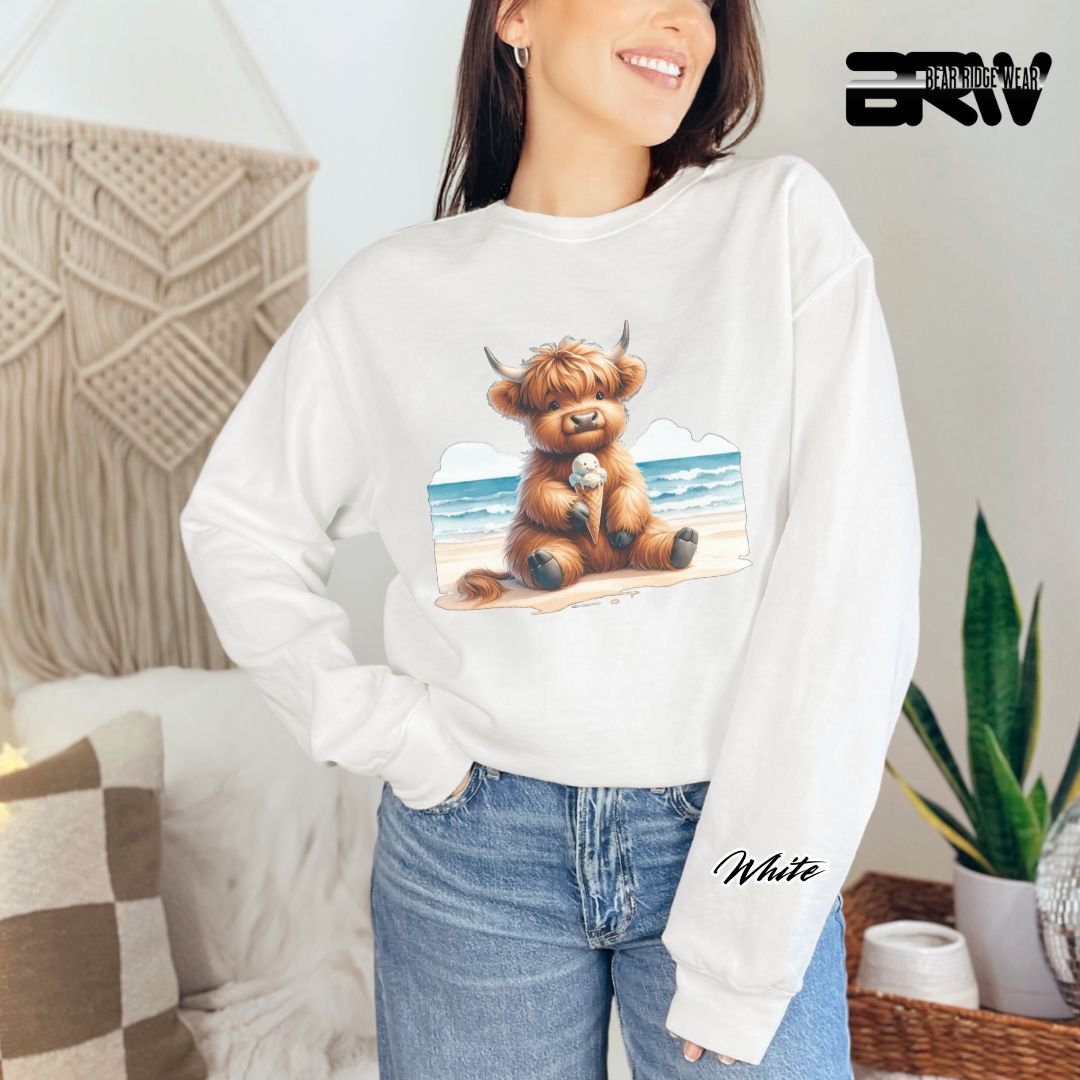 'Highland Cow-Beach-Ice Cream' Summer Crewneck Sweatshirt