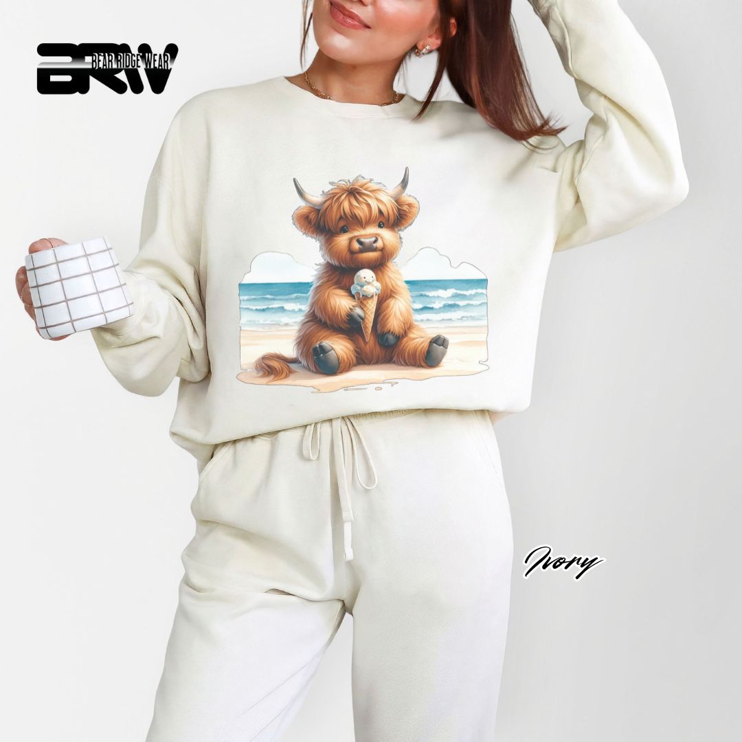 'Highland Cow-Beach-Ice Cream' Summer Crewneck Sweatshirt